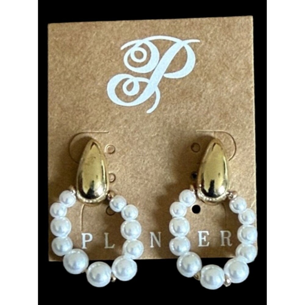 Pearl Hoop Drop Earrings with Gold Teardrop Accent